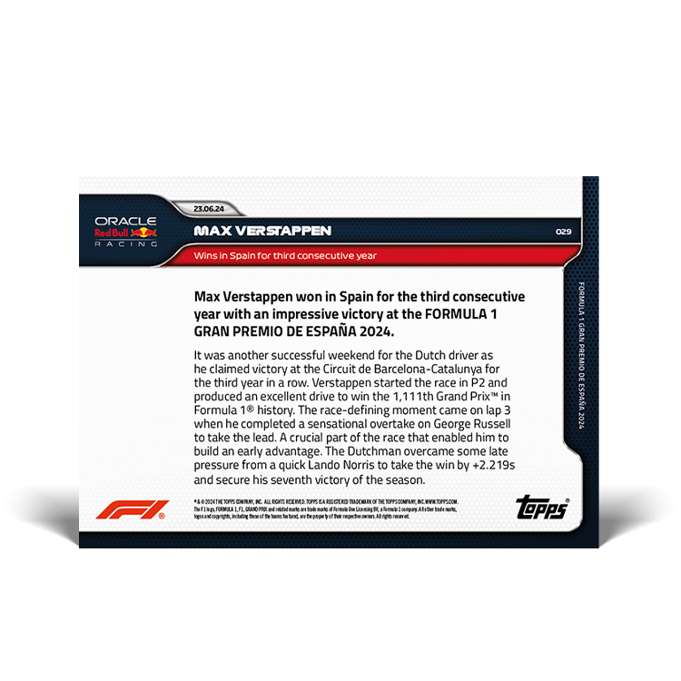 Max Verstappen - Wins in Spain for third consecutive year - 2024 Formula 1 Topps Now Card 29 - Image 2